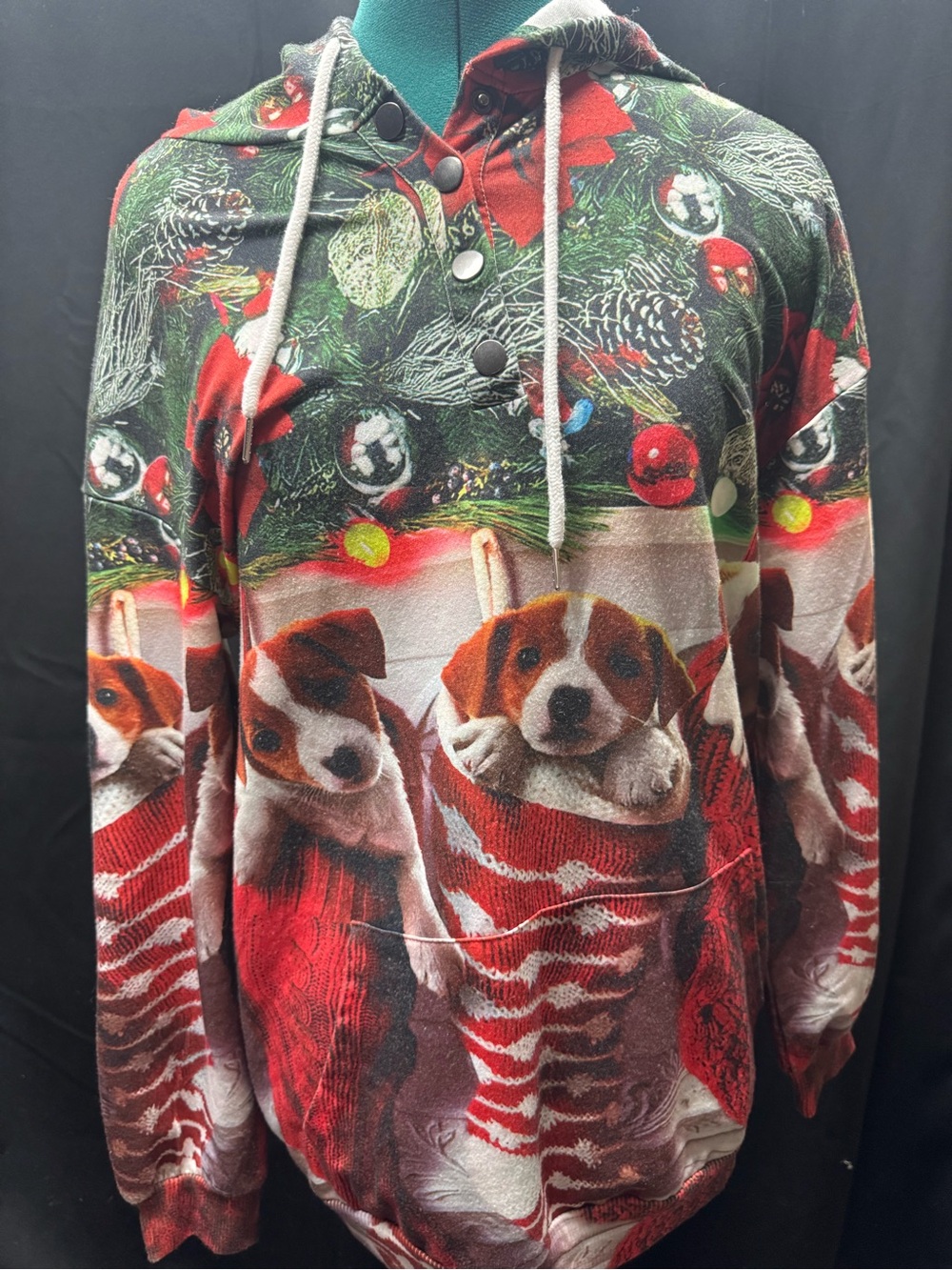 Holiday Puppy Print Red Hooded Long Sleeve Tee